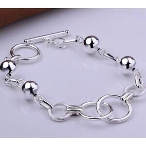 20cm 925 Silver Plated Toggle Clasp Bracelet Statement Bead & Ring Link New